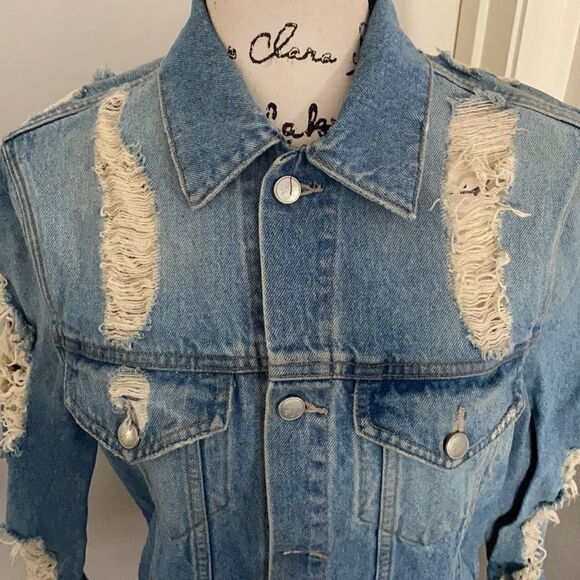 Lovers + Friends Factory Extensive Distressed Ripped Blue Denim Jacket Modern - Picture 9 of 16